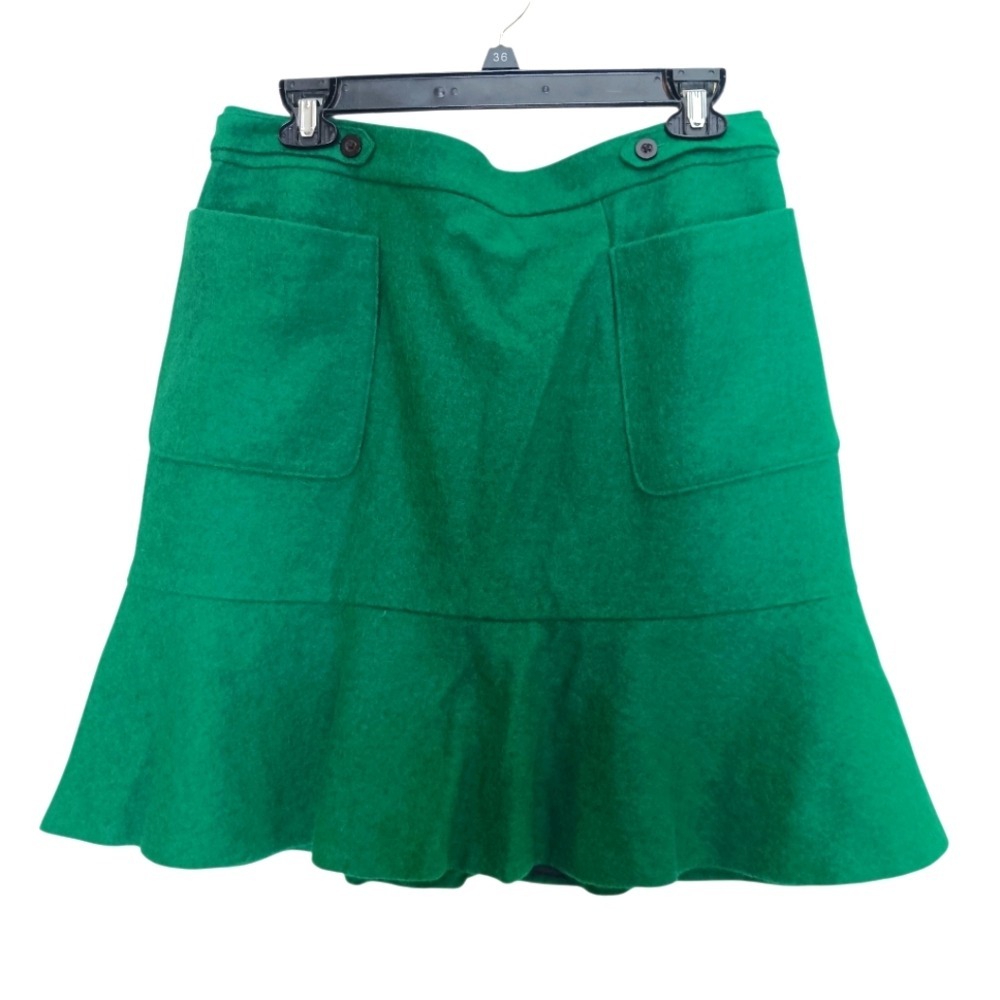 Maeve Skirt Women 12 Green Wool Blend Ruffle Hem Patch Pocket Drop Waist Retro